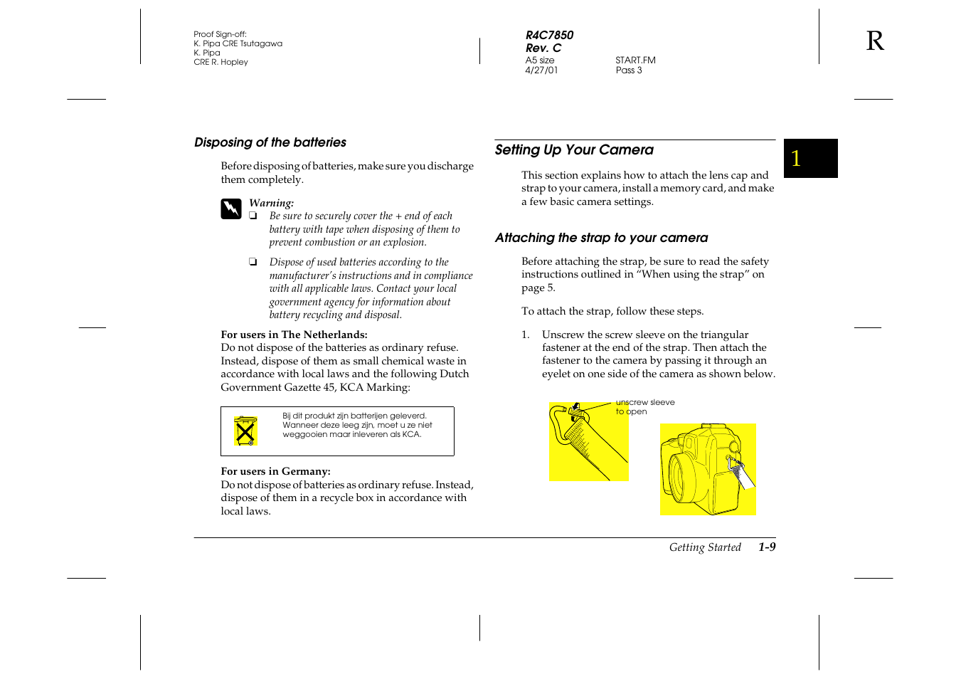 Disposing of the batteries, Setting up your camera, Attaching the strap to your camera | Disposing of the batteries -9, Setting up your camera -9, Attaching the strap to your camera -9 | Epson 3100Z User Manual | Page 25 / 143