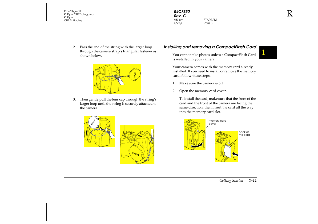 Installing and removing a compactflash card, Installing and removing a compactflash, Card -11 | Epson 3100Z User Manual | Page 27 / 143