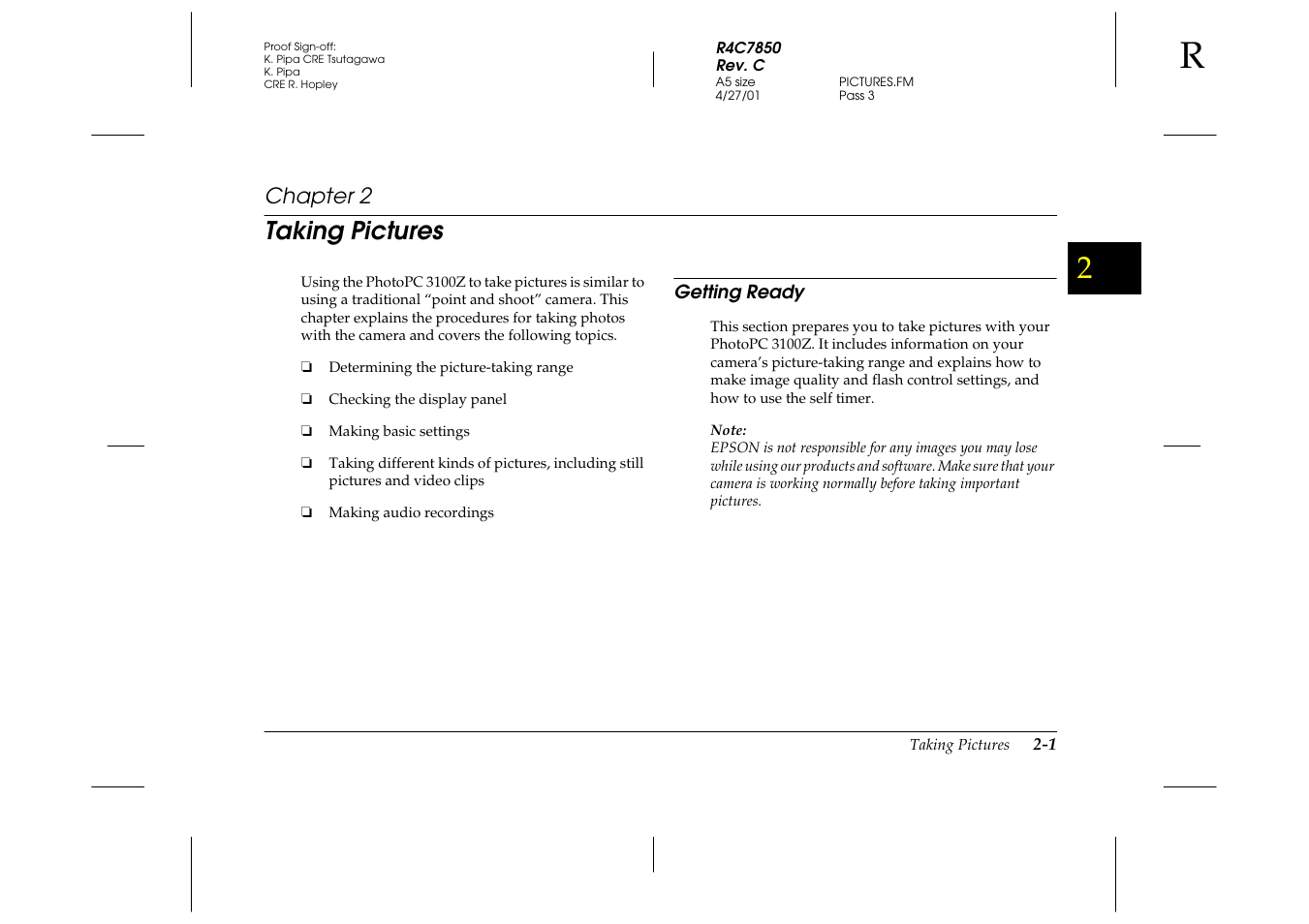 Taking pictures, Getting ready, Chapter 2 t | Getting ready -1, Chapter 2 | Epson 3100Z User Manual | Page 31 / 143