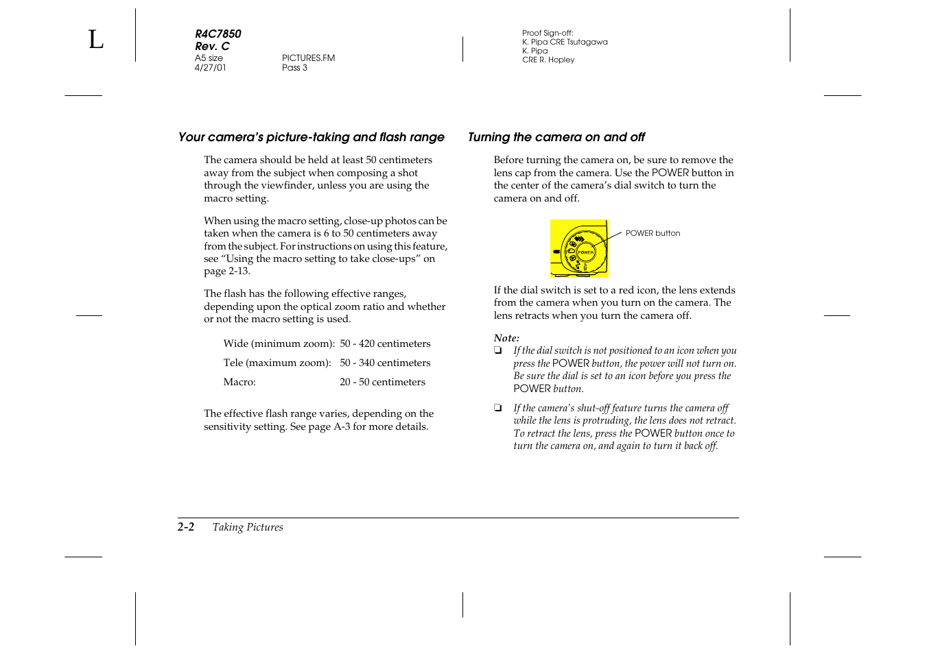 Your camera’s picture-taking and flash range, Turning the camera on and off, Your camera’s picture-taking and flash | Range -2, Turning the camera on and off -2 | Epson 3100Z User Manual | Page 32 / 143