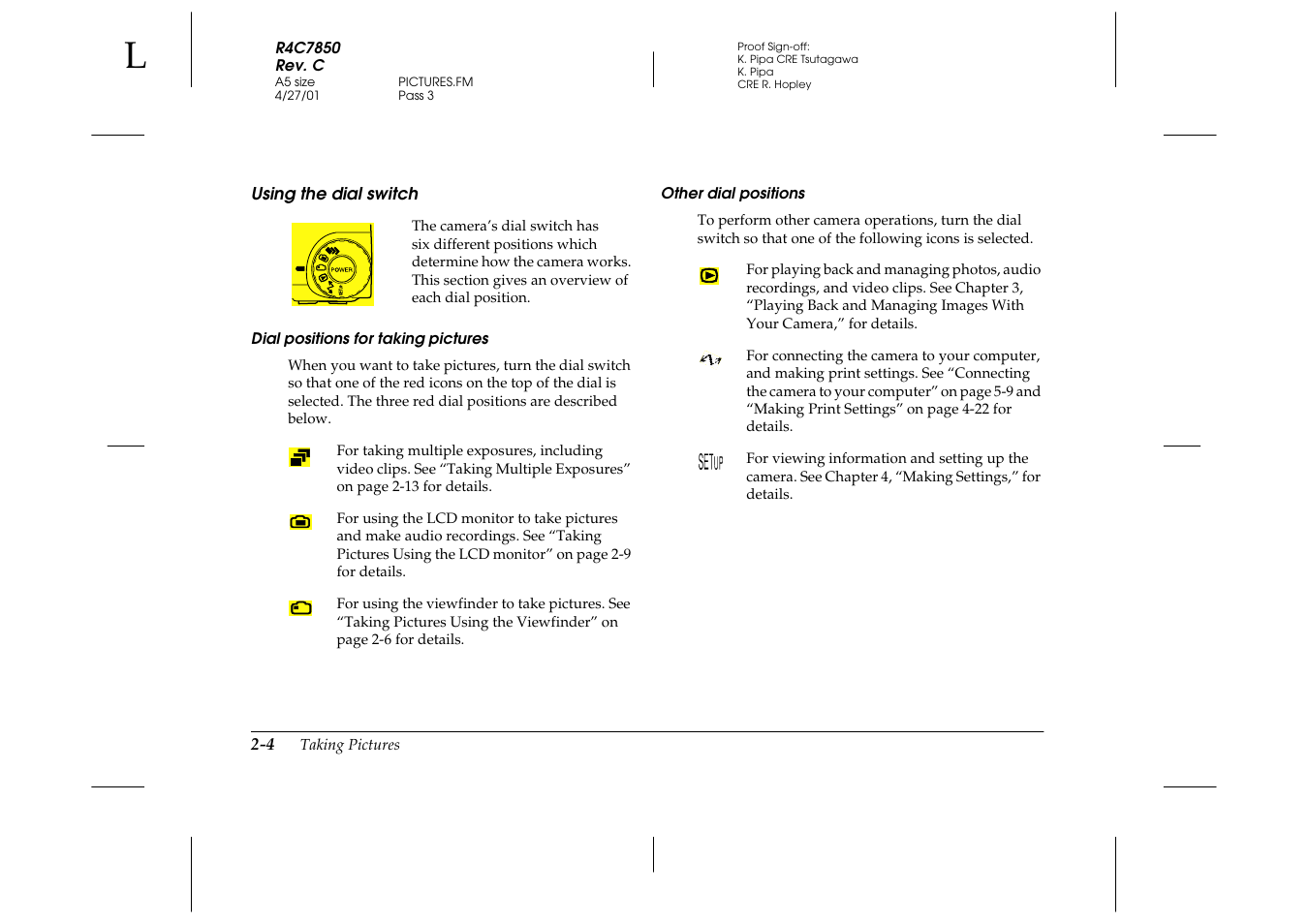 Using the dial switch, Dial positions for taking pictures, Other dial positions | Using the dial switch -4 | Epson 3100Z User Manual | Page 34 / 143