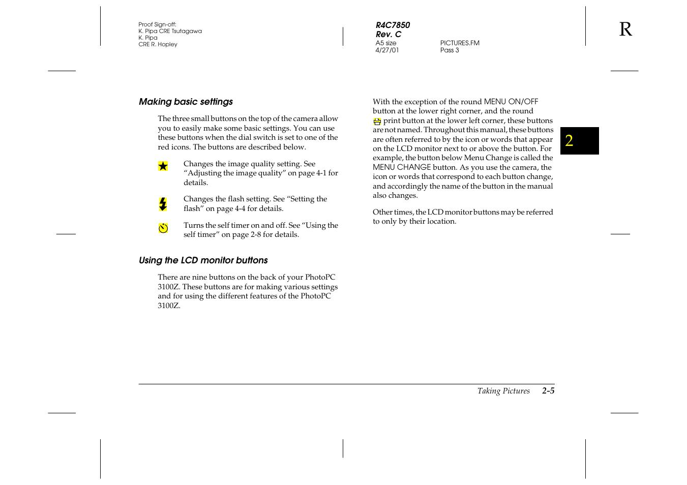 Making basic settings, Using the lcd monitor buttons | Epson 3100Z User Manual | Page 35 / 143