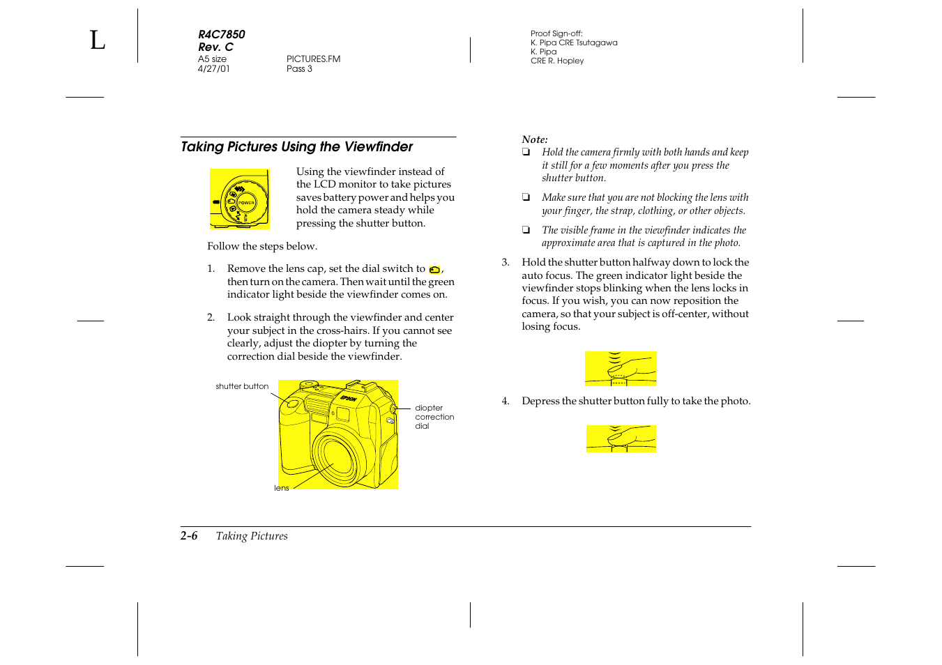 Taking pictures using the viewfinder, Taking pictures using the viewfinder -6 | Epson 3100Z User Manual | Page 36 / 143