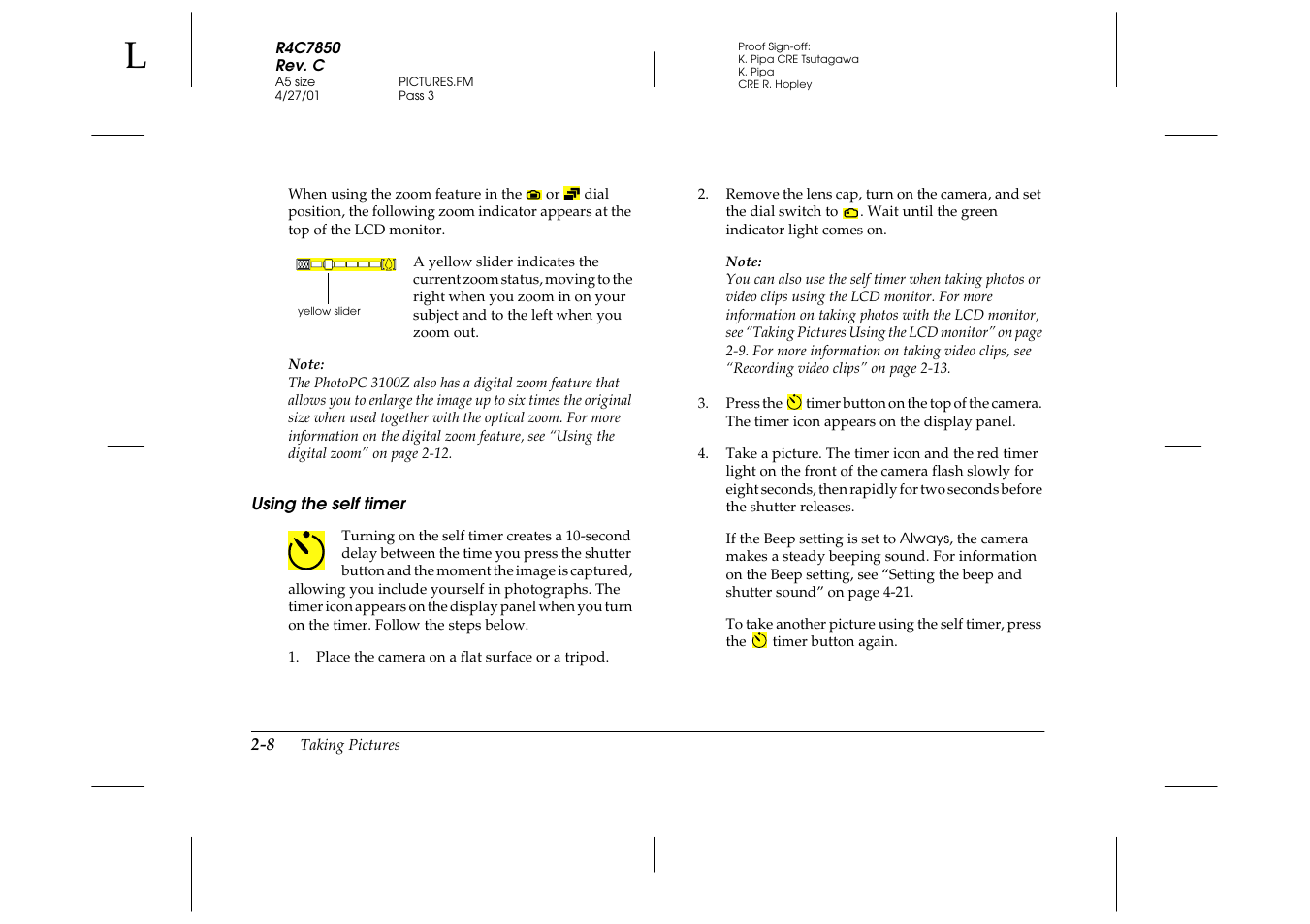 Using the self timer, Using the self timer -8 | Epson 3100Z User Manual | Page 38 / 143
