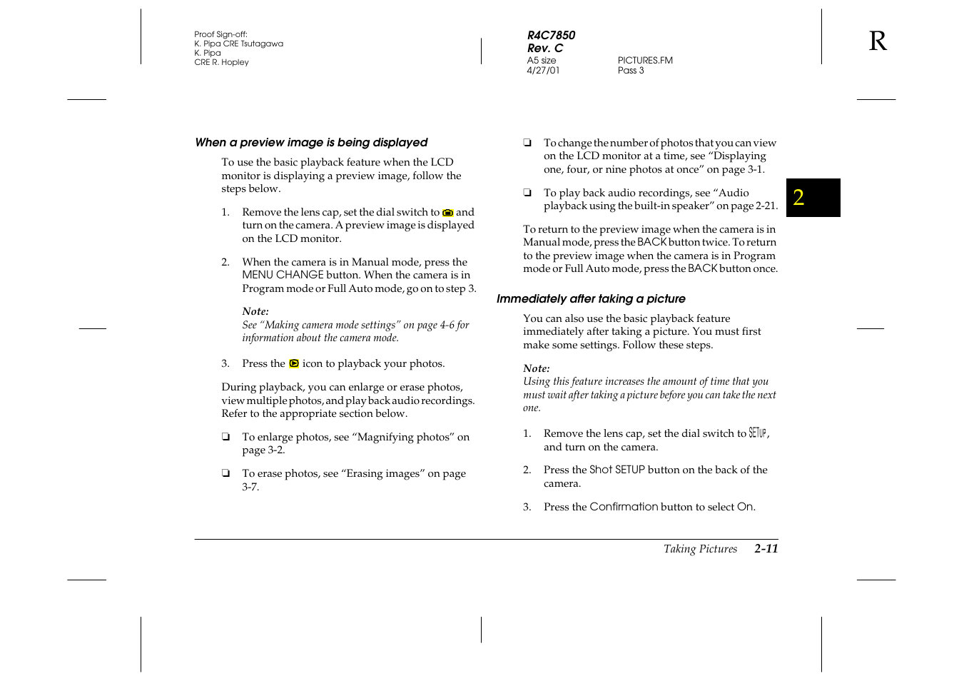 When a preview image is being displayed, Immediately after taking a picture | Epson 3100Z User Manual | Page 41 / 143