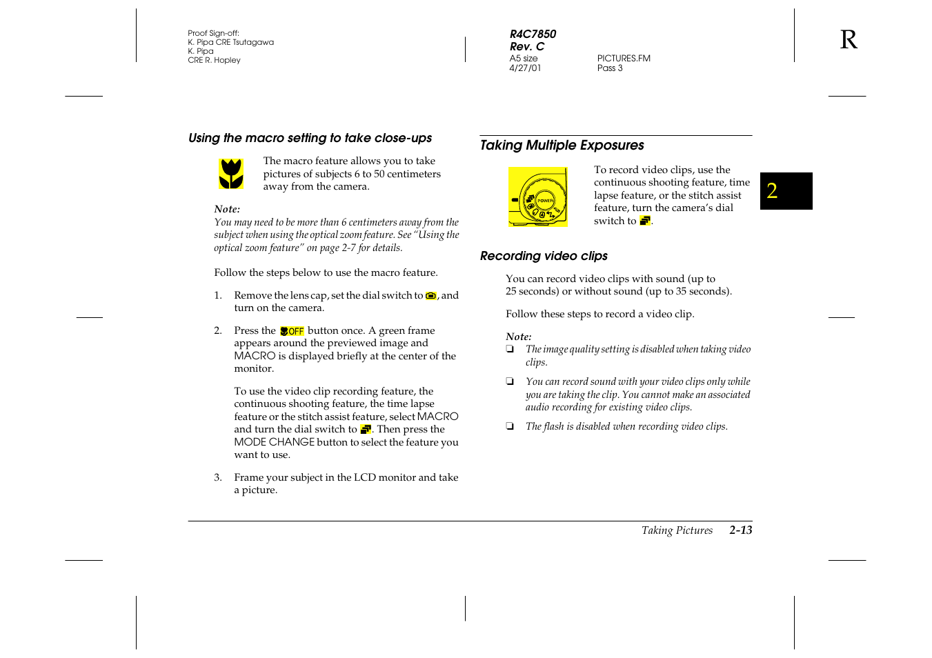Using the macro setting to take close-ups, Taking multiple exposures, Recording video clips | Using the macro setting to take close-ups -13, Taking multiple exposures -13, Recording video clips -13 | Epson 3100Z User Manual | Page 43 / 143