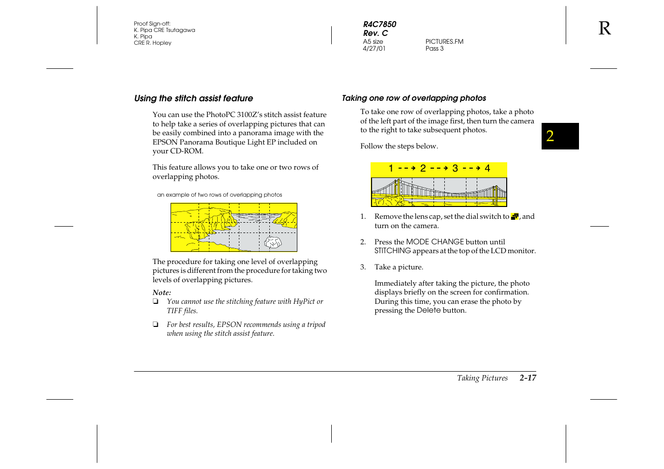 Using the stitch assist feature, Taking one row of overlapping photos, Using the stitch assist feature -17 | Epson 3100Z User Manual | Page 47 / 143