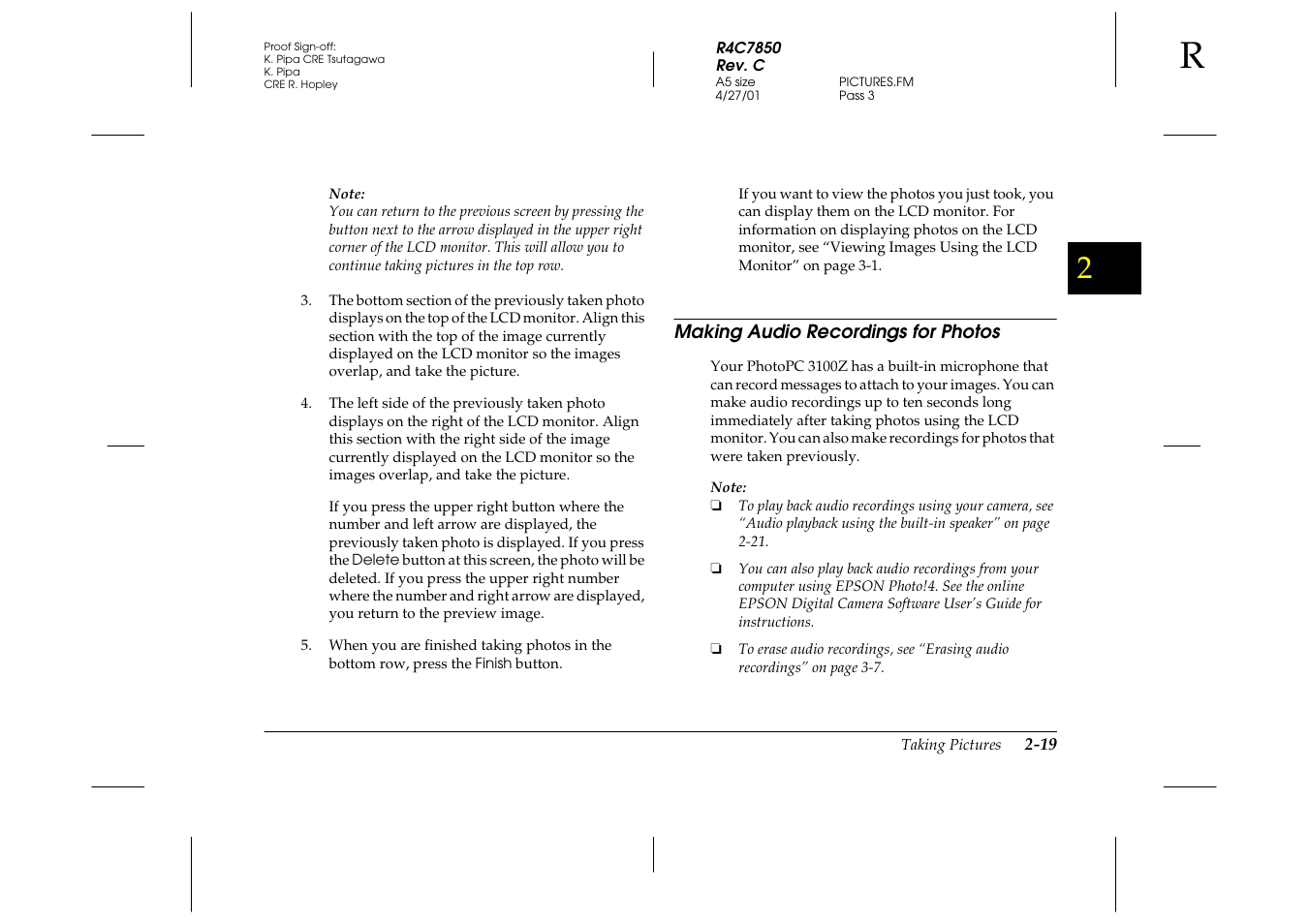 Making audio recordings for photos, Making audio recordings for photos -19 | Epson 3100Z User Manual | Page 49 / 143