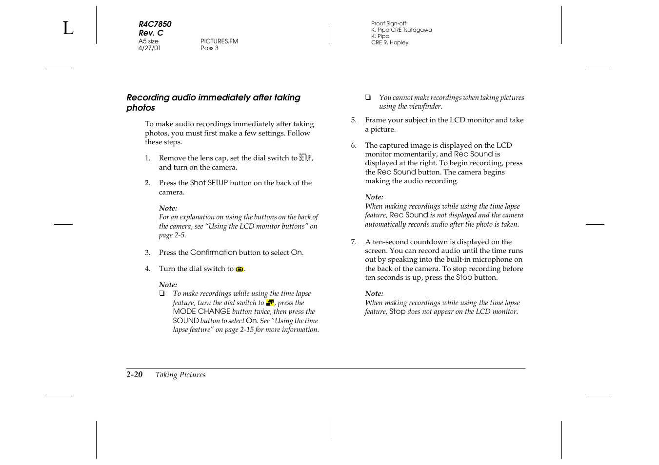 Recording audio immediately after taking photos, Recording audio immediately after taking, Photos -20 | Epson 3100Z User Manual | Page 50 / 143