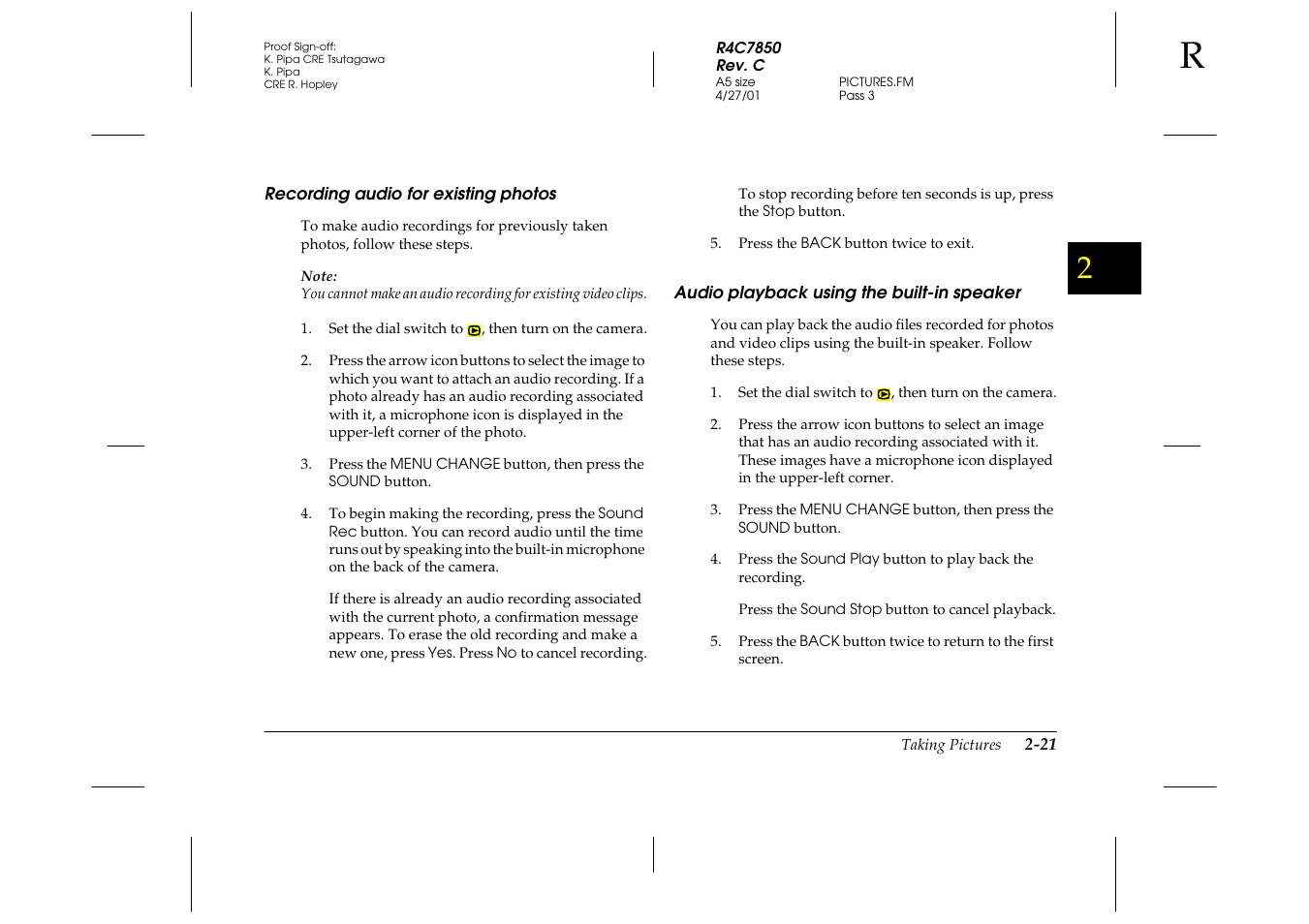 Recording audio for existing photos, Audio playback using the built-in speaker | Epson 3100Z User Manual | Page 51 / 143