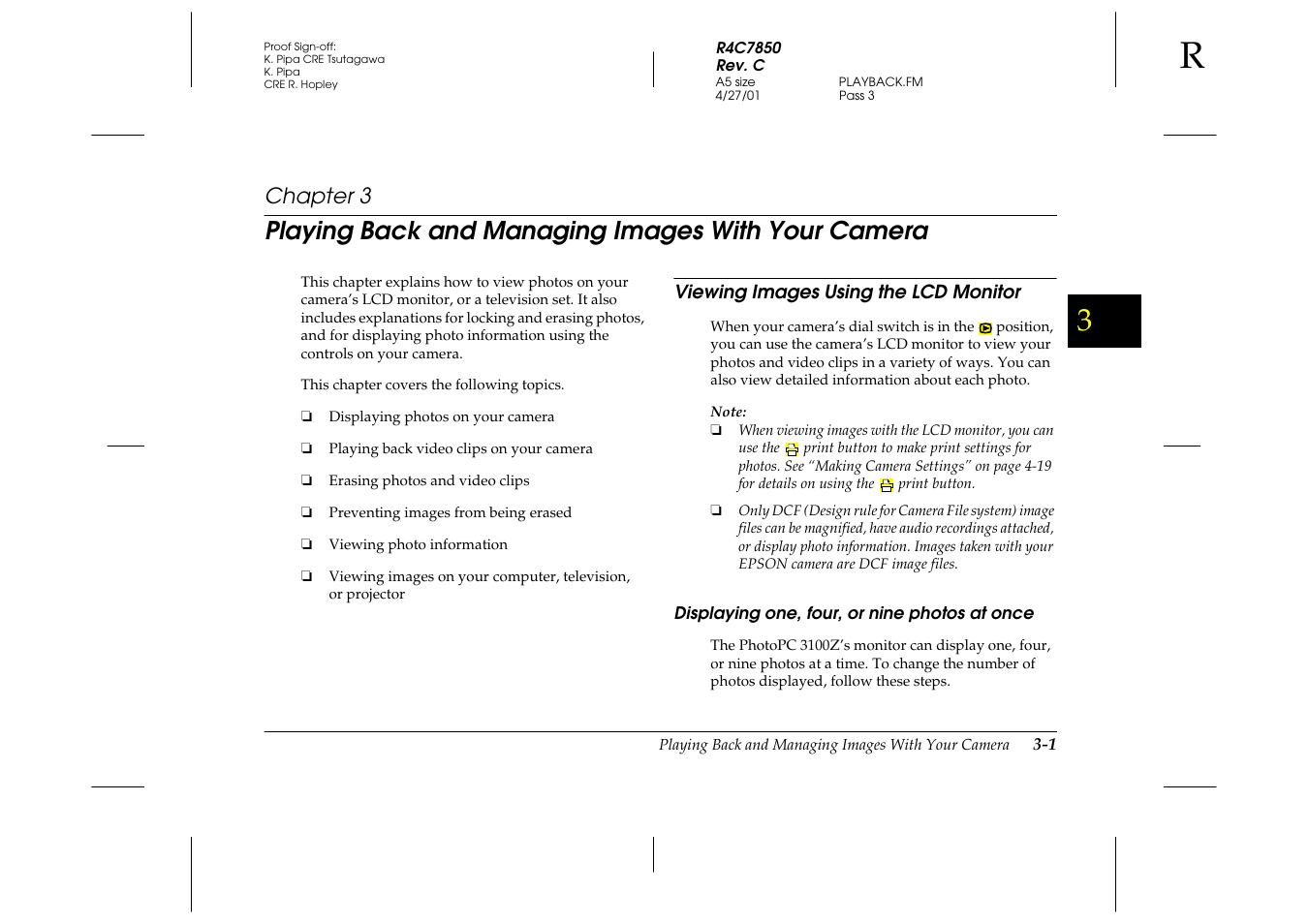 Playing back and managing images with your camera, Viewing images using the lcd monitor, Displaying one, four, or nine photos at once | Chapter 3 p, Viewing images using the lcd monitor -1, Displaying one, four, or nine photos at once -1, Chapter 3 | Epson 3100Z User Manual | Page 53 / 143
