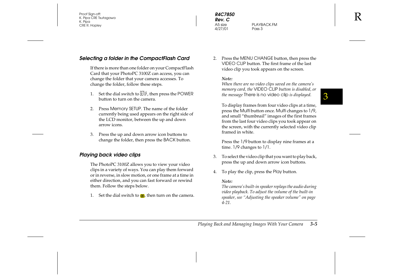 Selecting a folder in the compactflash card, Playing back video clips | Epson 3100Z User Manual | Page 57 / 143