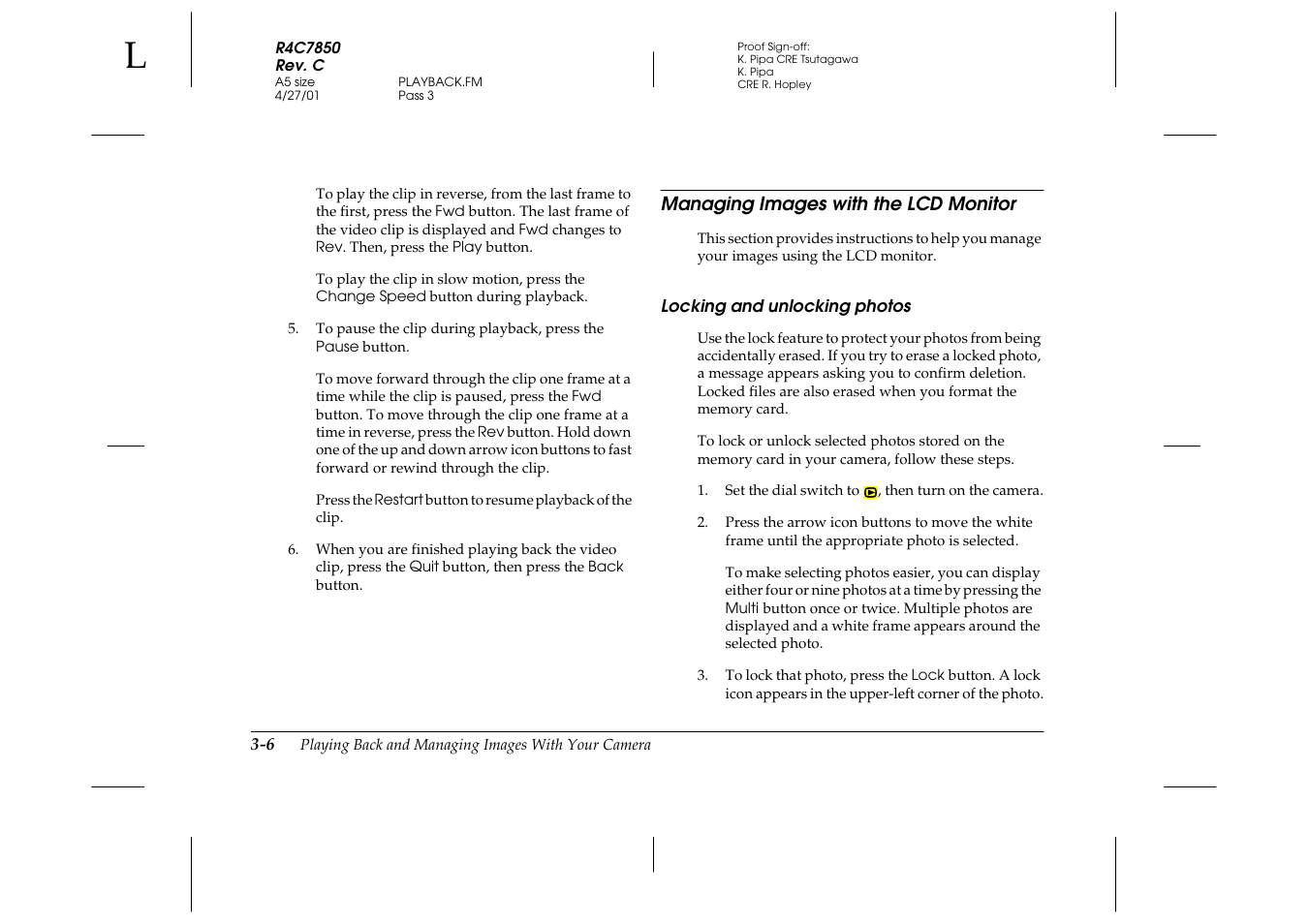 Managing images with the lcd monitor, Locking and unlocking photos, Managing images with the lcd monitor -6 | Locking and unlocking photos -6 | Epson 3100Z User Manual | Page 58 / 143