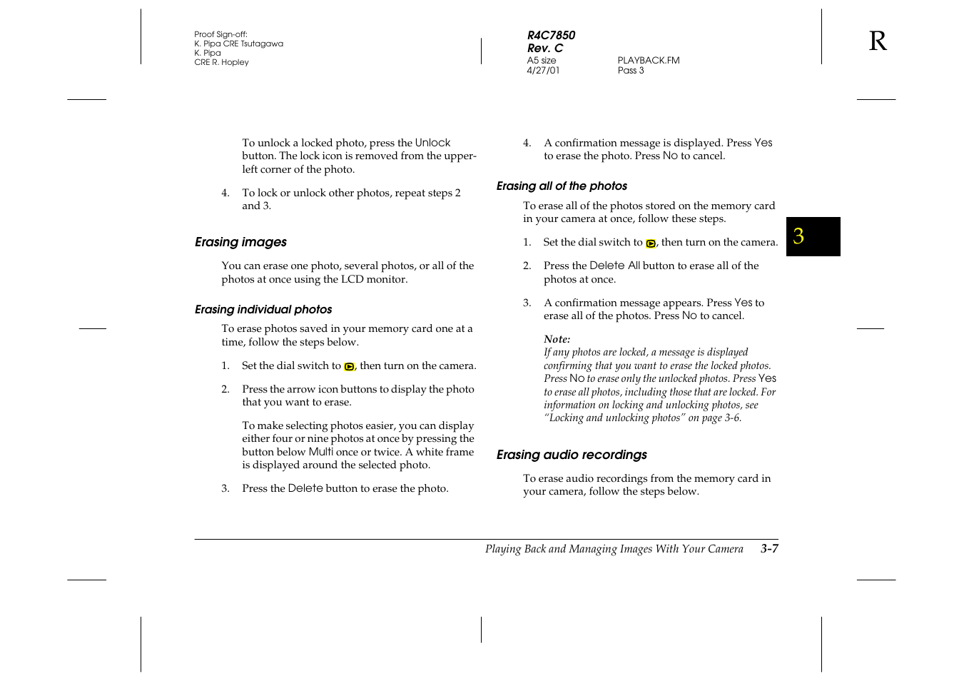 Erasing images, Erasing individual photos, Erasing all of the photos | Erasing audio recordings, Erasing images -7 erasing audio recordings -7 | Epson 3100Z User Manual | Page 59 / 143