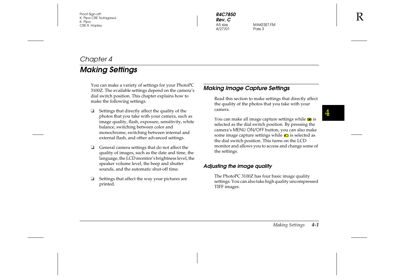 Making settings, Making image capture settings, Adjusting the image quality | Chapter 4 m, Making image capture settings -1, Adjusting the image quality -1, Ee chapter 4, “making settings,” f, Chapter 4 | Epson 3100Z User Manual | Page 63 / 143