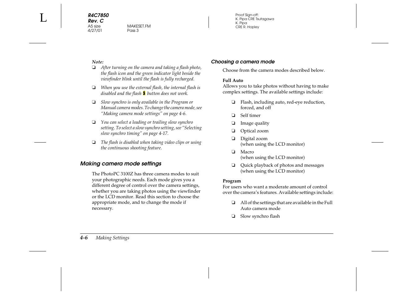 Making camera mode settings, Choosing a camera mode, Making camera mode settings -6 | Epson 3100Z User Manual | Page 68 / 143