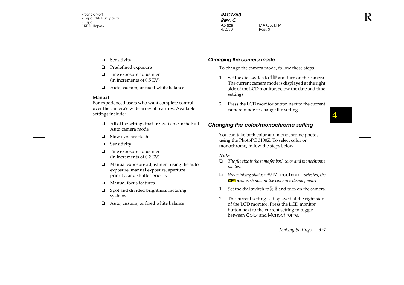 Changing the camera mode, Changing the color/monochrome setting, Changing the color/monochrome setting -7 | Epson 3100Z User Manual | Page 69 / 143