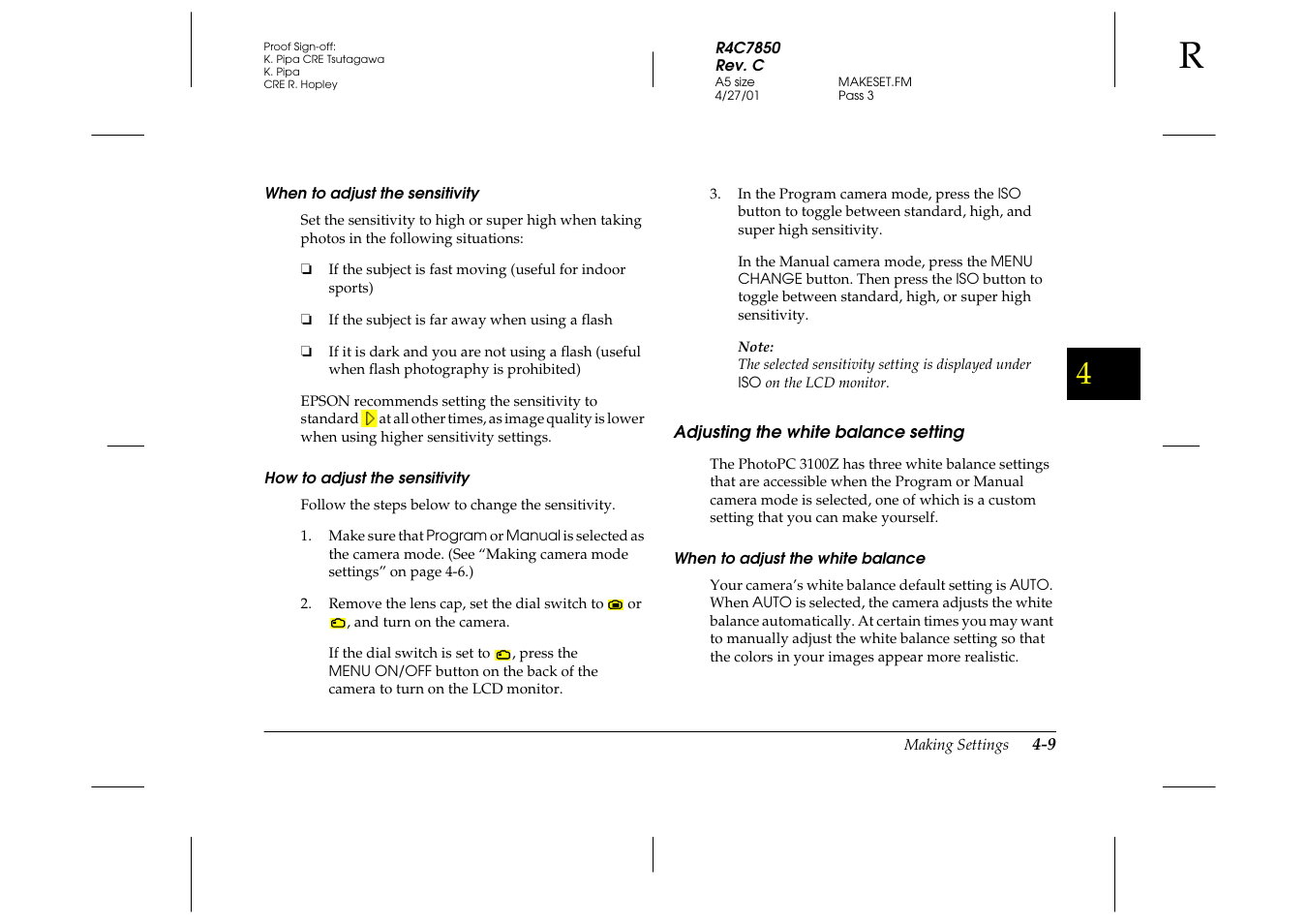 When to adjust the sensitivity, How to adjust the sensitivity, Adjusting the white balance setting | When to adjust the white balance, Adjusting the white balance setting -9 | Epson 3100Z User Manual | Page 71 / 143