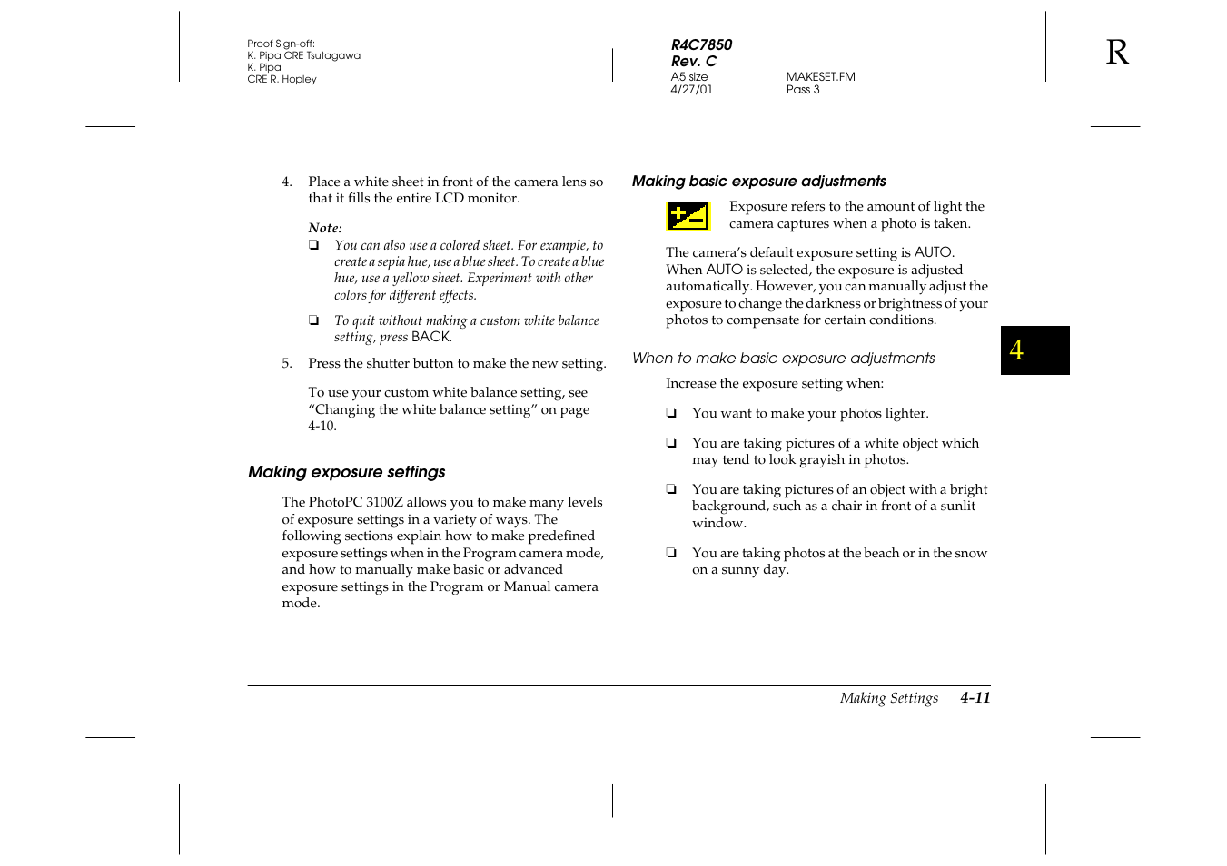 Making exposure settings, Making basic exposure adjustments, When to make basic exposure adjustments | Making exposure settings -11 | Epson 3100Z User Manual | Page 73 / 143