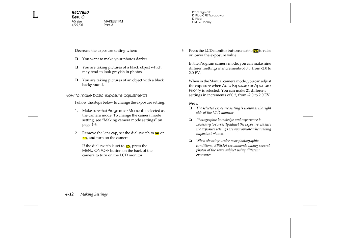 How to make basic exposure adjustments | Epson 3100Z User Manual | Page 74 / 143
