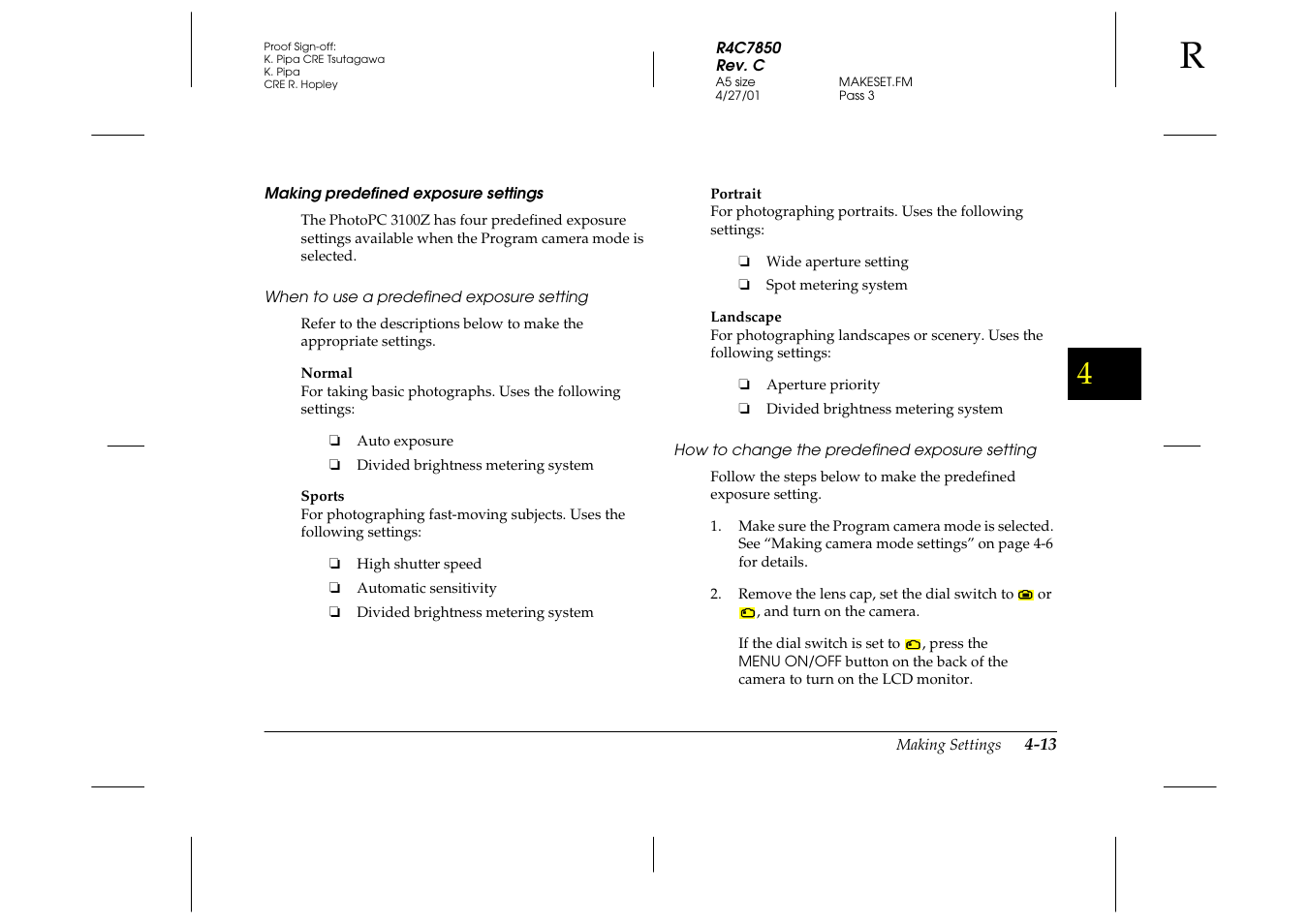 Making predefined exposure settings, When to use a predefined exposure setting, How to change the predefined exposure setting | Epson 3100Z User Manual | Page 75 / 143