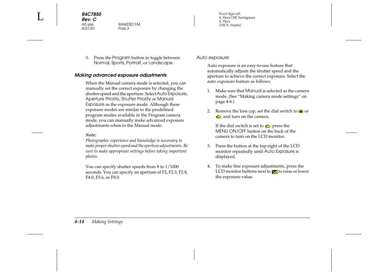 Making advanced exposure adjustments, Auto exposure | Epson 3100Z User Manual | Page 76 / 143