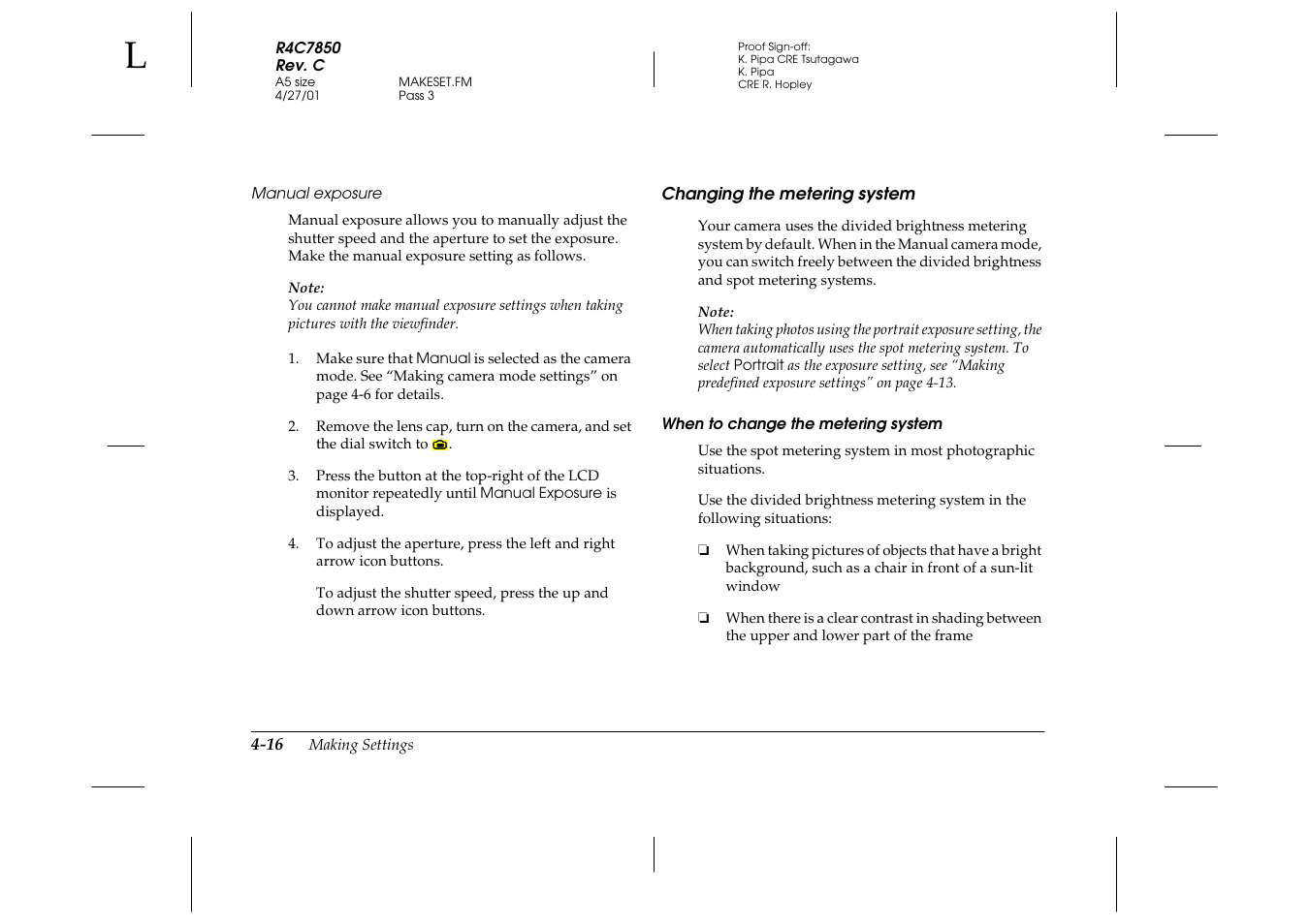 Manual exposure, Changing the metering system, When to change the metering system | Changing the metering system -16 | Epson 3100Z User Manual | Page 78 / 143