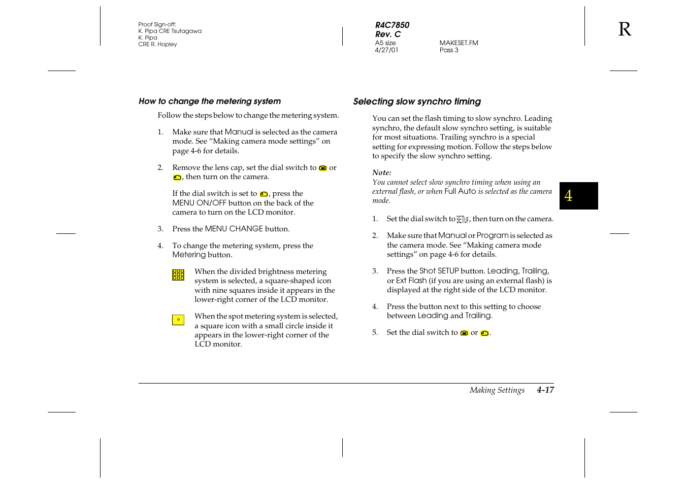 How to change the metering system, Selecting slow synchro timing, Selecting slow synchro timing -17 | Epson 3100Z User Manual | Page 79 / 143