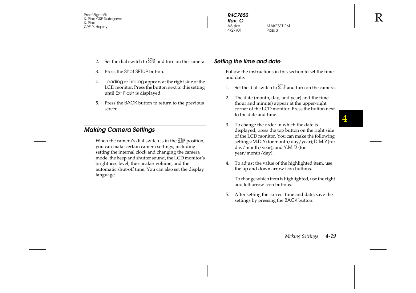 Making camera settings, Setting the time and date, Making camera settings -19 | Setting the time and date -19 | Epson 3100Z User Manual | Page 81 / 143