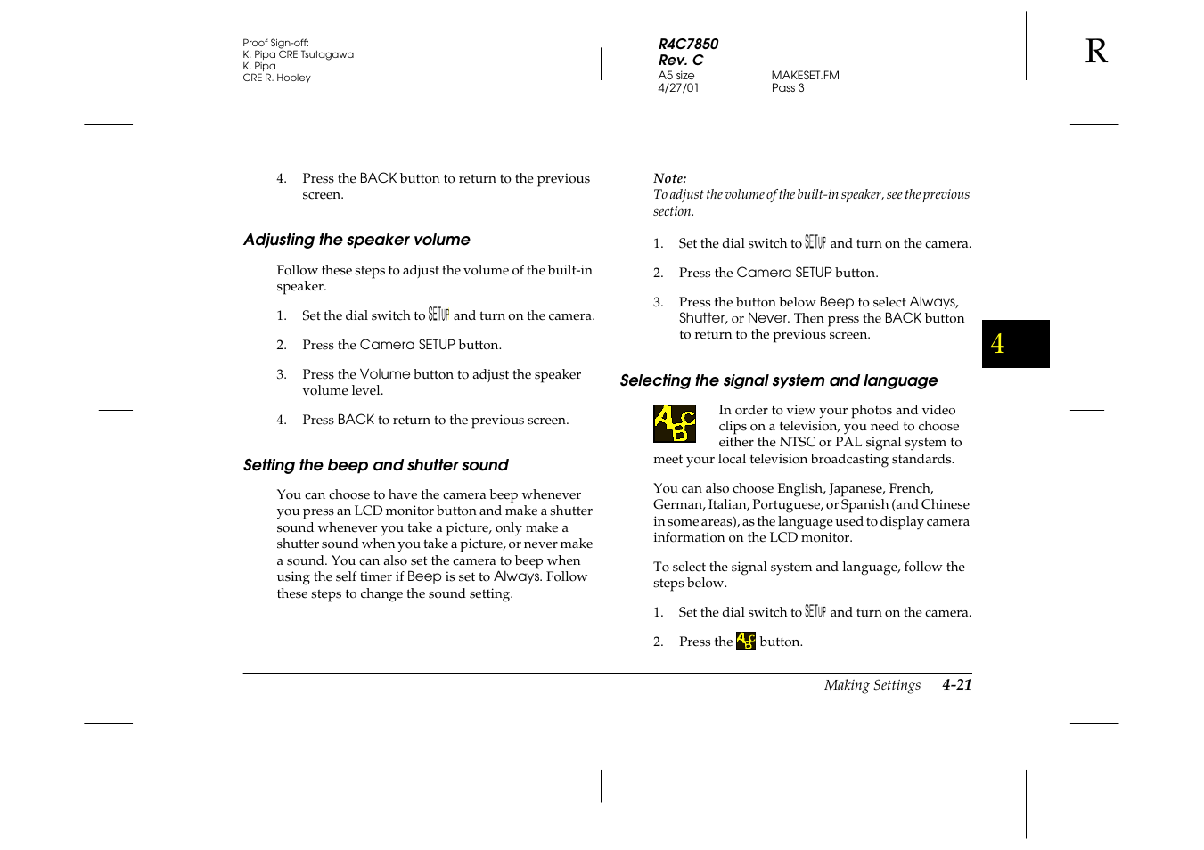 Adjusting the speaker volume, Setting the beep and shutter sound, Selecting the signal system and language | Epson 3100Z User Manual | Page 83 / 143