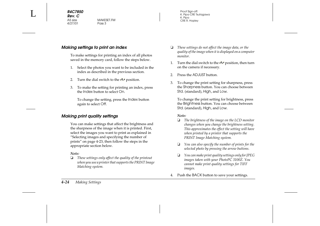Making settings to print an index, Making print quality settings | Epson 3100Z User Manual | Page 86 / 143