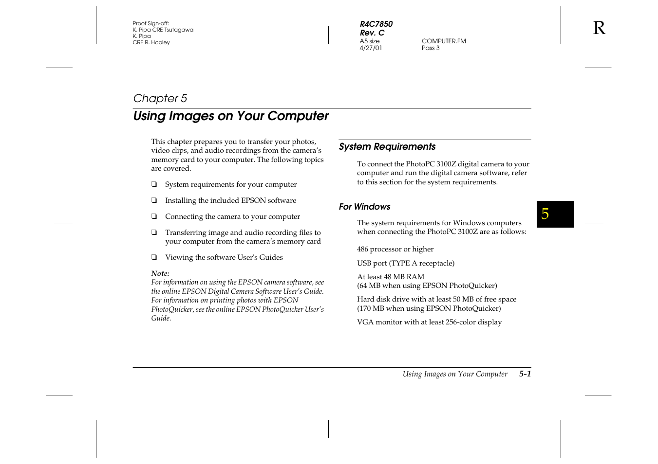 Using images on your computer, System requirements, For windows | Chapter 5 u, System requirements -1, For windows -1, Chapter 5 | Epson 3100Z User Manual | Page 87 / 143