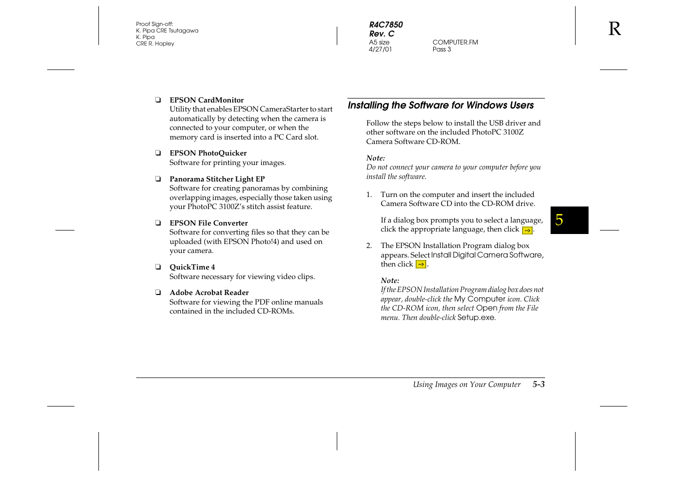 Installing the software for windows users, Installing the software for windows users -3 | Epson 3100Z User Manual | Page 89 / 143