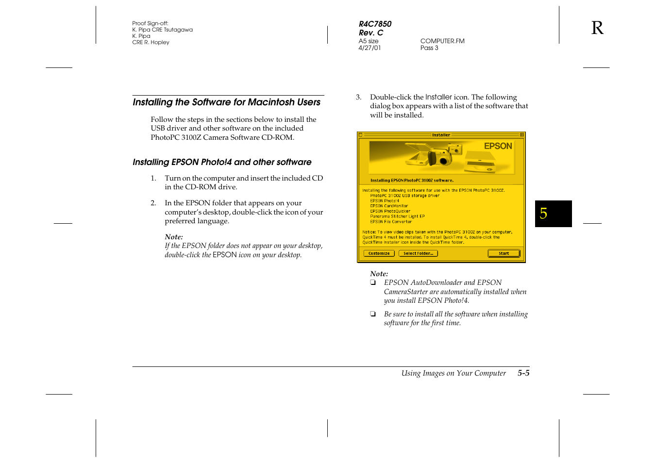 Installing the software for macintosh users, Installing epson photo!4 and other software, Installing the software for macintosh users -5 | Installing epson photo!4 and other, Software -5 | Epson 3100Z User Manual | Page 91 / 143