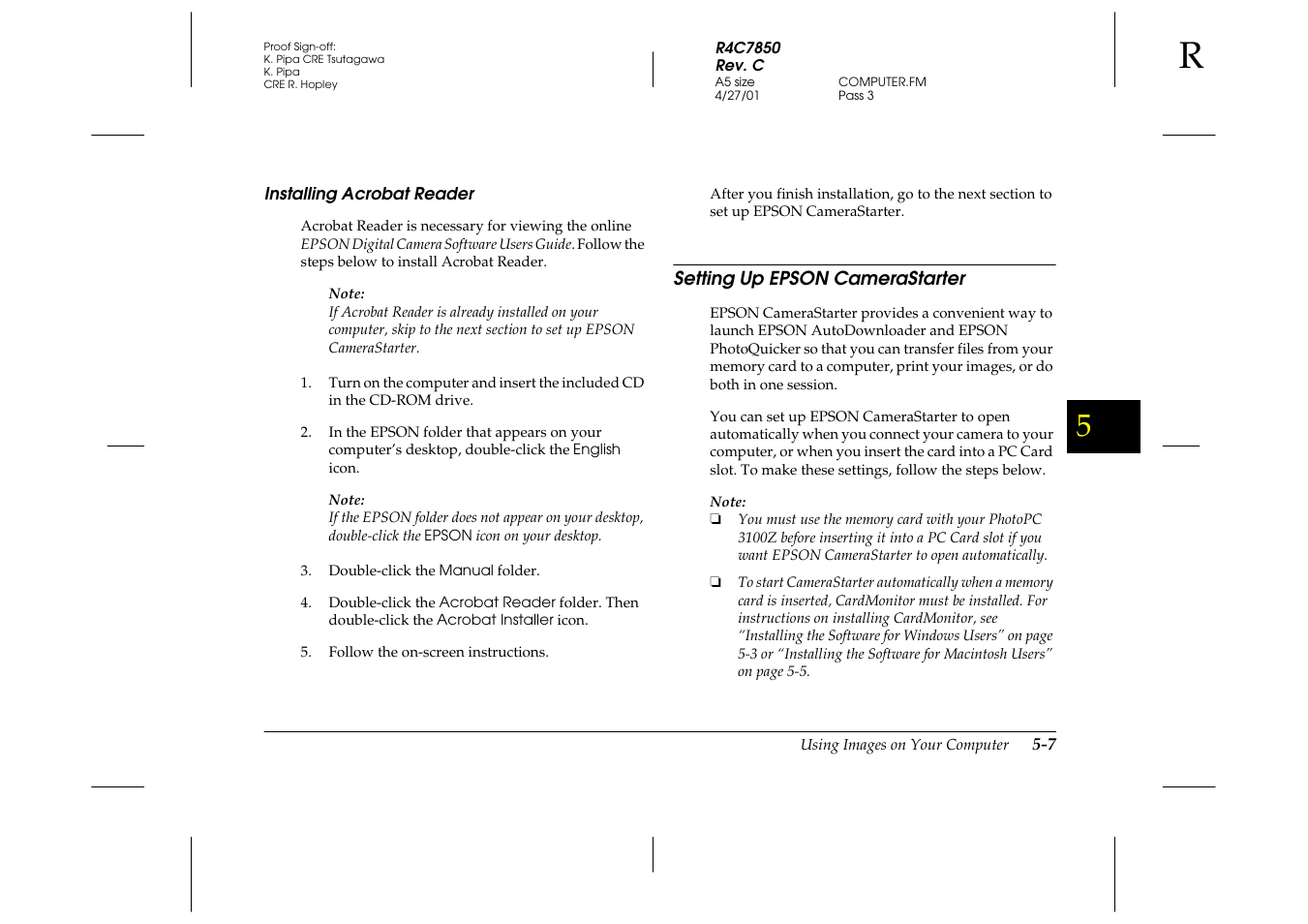 Installing acrobat reader, Setting up epson camerastarter, Installing acrobat reader -7 | Setting up epson camerastarter -7 | Epson 3100Z User Manual | Page 93 / 143