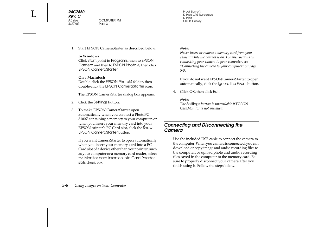 Connecting and disconnecting the camera, Connecting and disconnecting the camera -8 | Epson 3100Z User Manual | Page 94 / 143