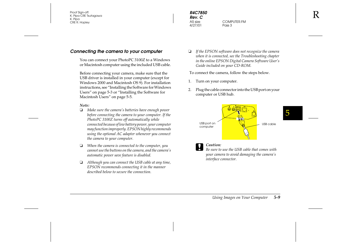 Connecting the camera to your computer, Connecting the camera to your computer -9 | Epson 3100Z User Manual | Page 95 / 143