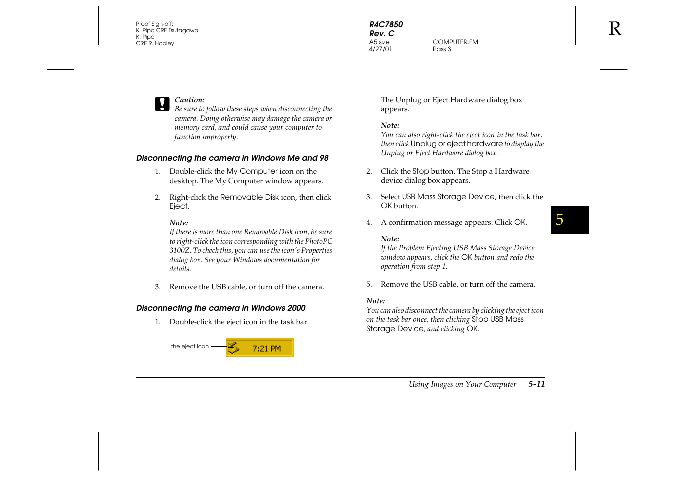 Disconnecting the camera in windows me and 98, Disconnecting the camera in windows 2000 | Epson 3100Z User Manual | Page 97 / 143