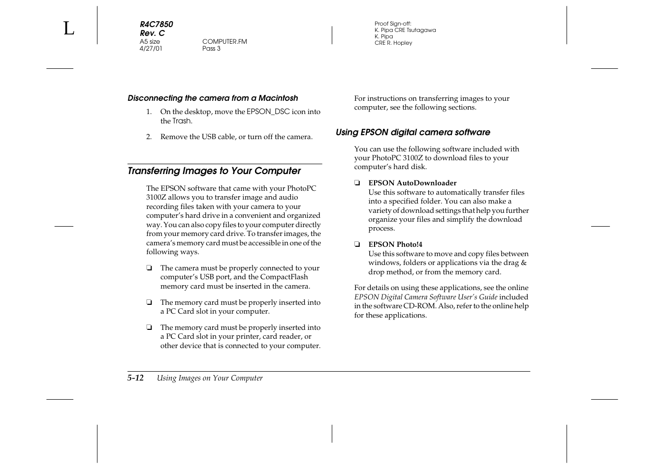 Disconnecting the camera from a macintosh, Transferring images to your computer, Using epson digital camera software | Transferring images to your computer -12, Using epson digital camera software -12 | Epson 3100Z User Manual | Page 98 / 143