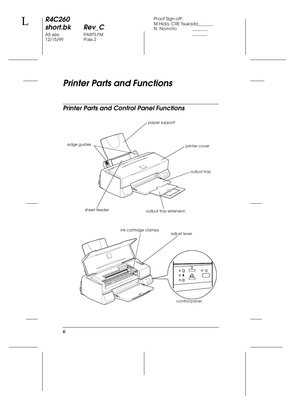 Printer parts and functions, R4c260 short.bk rev_c, Printer parts and control panel functions | Epson 460 User Manual | Page 12 / 64