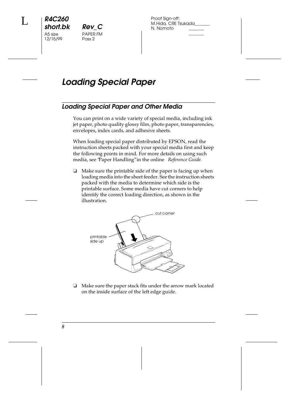 Loading special paper, Loading special paper and other media, R4c260 short.bk rev_c | Epson 460 User Manual | Page 14 / 64