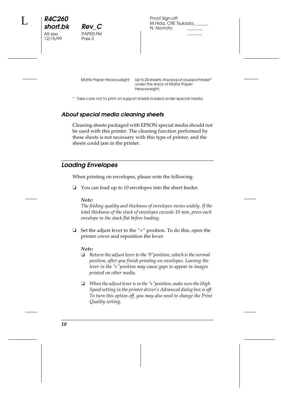Loading envelopes, R4c260 short.bk rev_c | Epson 460 User Manual | Page 16 / 64