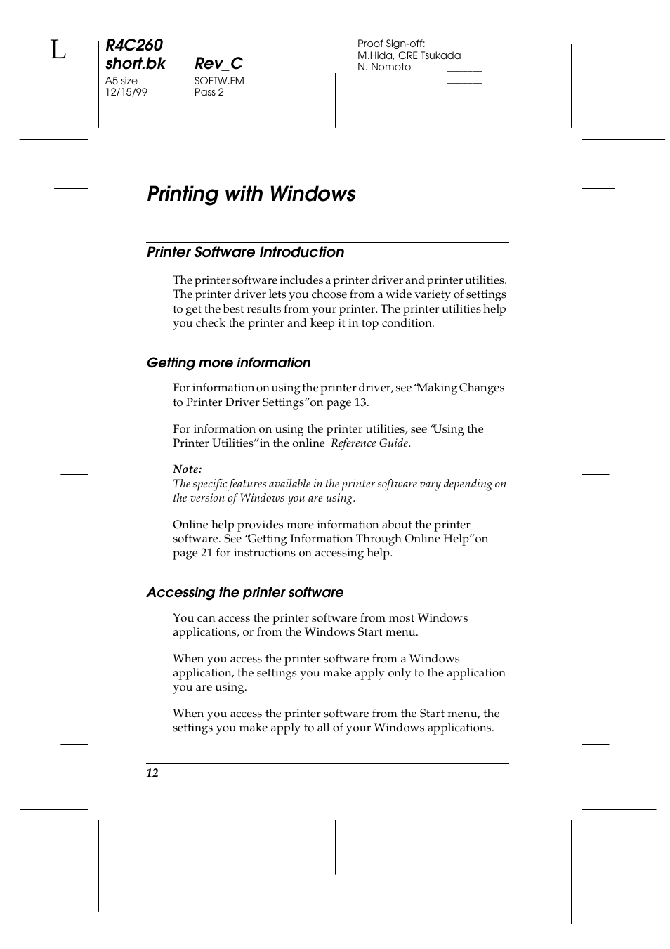 Printing with windows, Printer software introduction, R4c260 short.bk rev_c | Epson 460 User Manual | Page 18 / 64