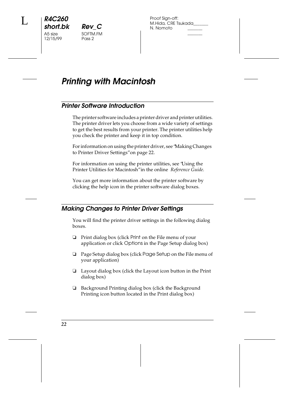 Printing with macintosh, Printer software introduction, Making changes to printer driver settings | R4c260 short.bk rev_c | Epson 460 User Manual | Page 28 / 64