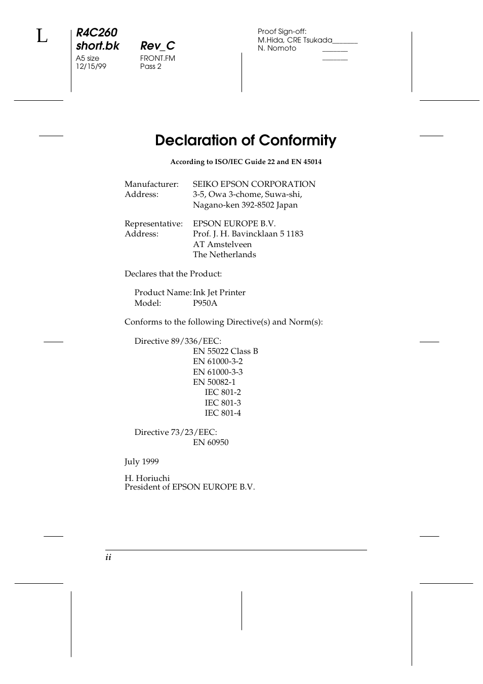 Declaration of conformity, R4c260 short.bk rev_c | Epson 460 User Manual | Page 4 / 64