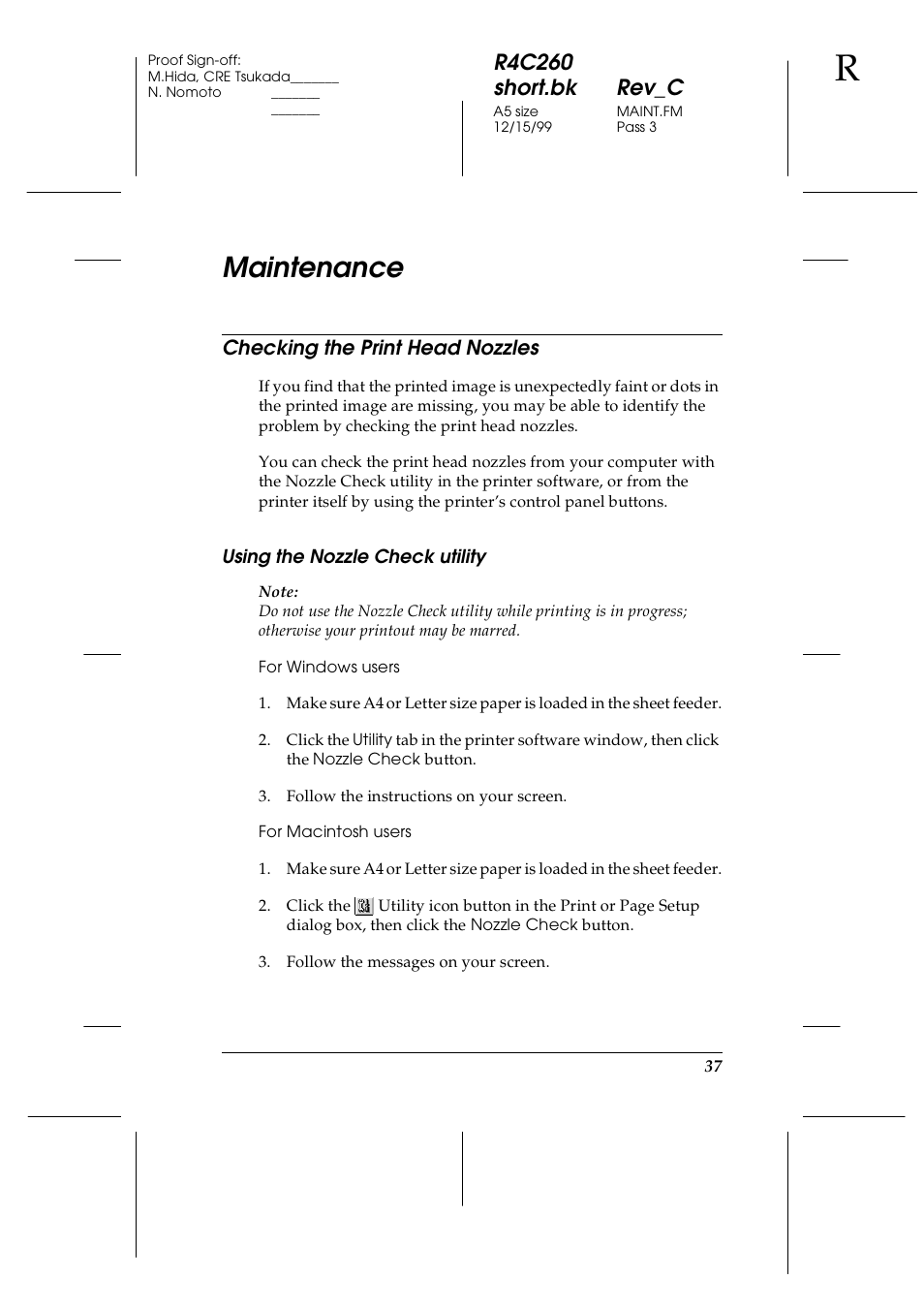 Maintenance, Checking the print head nozzles, R4c260 short.bk rev_c | Epson 460 User Manual | Page 43 / 64