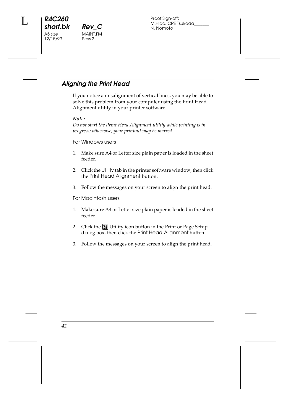 Aligning the print head, R4c260 short.bk rev_c | Epson 460 User Manual | Page 48 / 64