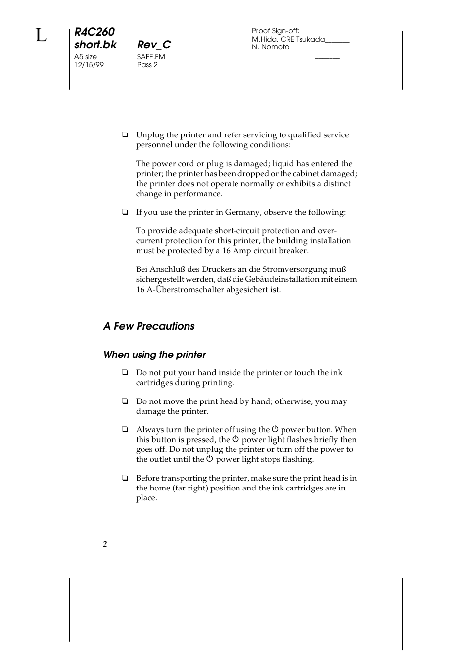 R4c260 short.bk rev_c, A few precautions | Epson 460 User Manual | Page 8 / 64