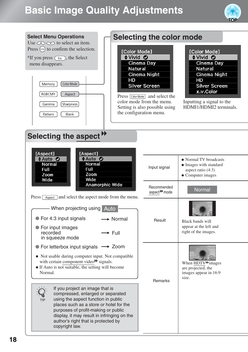 Basic image quality adjustments, Selecting the color mode, Selecting the aspect | The color mode | Epson EH-TW5000 User Manual | Page 20 / 63