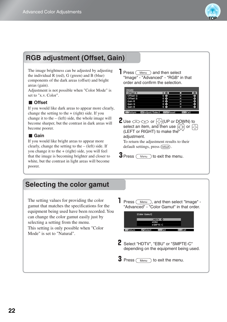 Rgb adjustment (offset, gain), Selecting the color gamut | Epson EH-TW5000 User Manual | Page 24 / 63